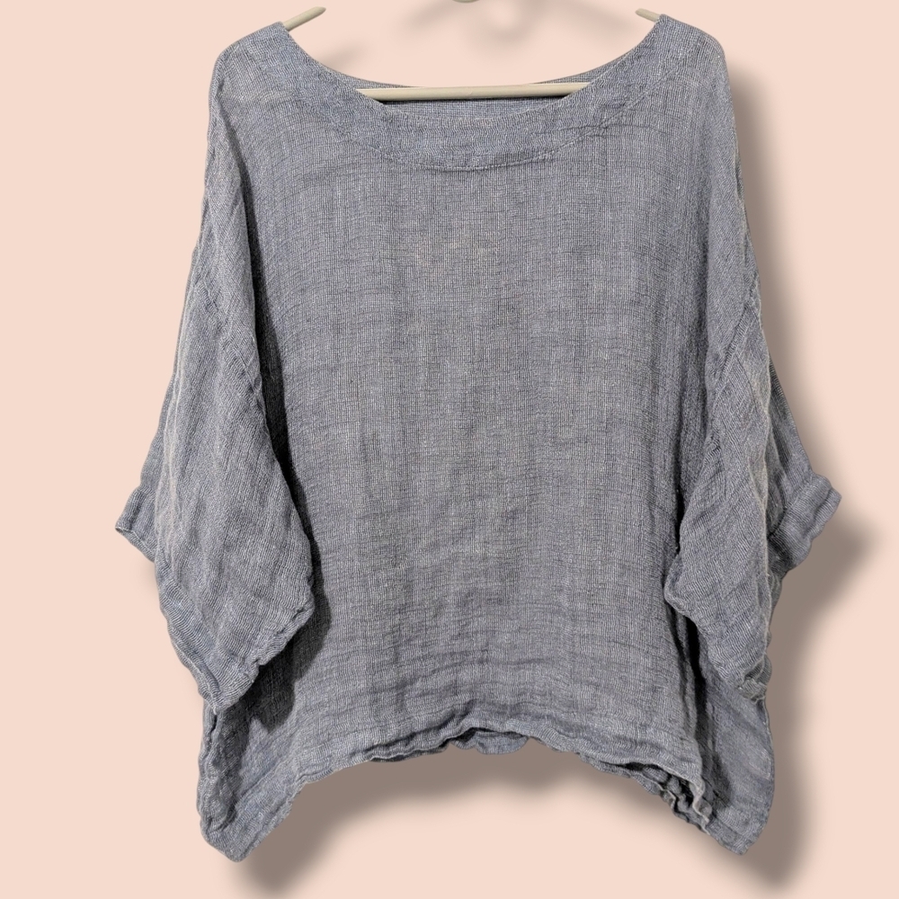 J. Jill Blue Sheer 100% Linen 3/4 Sleeve Boat Neck Oversized Top LG Lagenlook